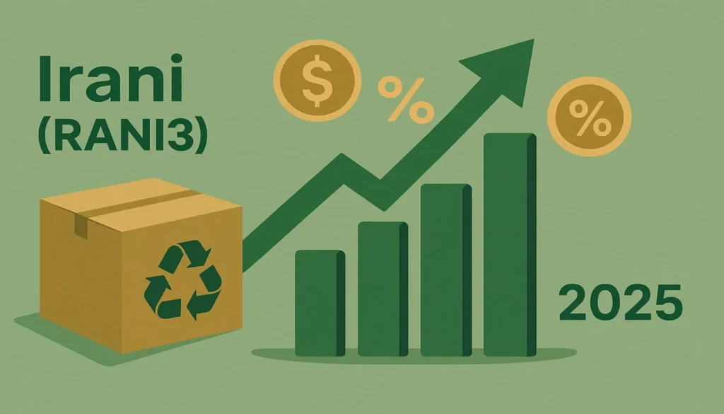 Gráfico mostrando o crescimento financeiro da Irani (RANI3) e aumento dos dividendos em 2025.