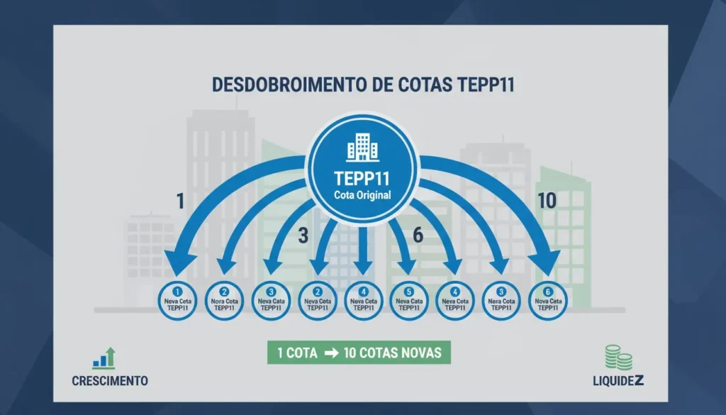 Visual explicativo do TEPP11 desdobramento: uma cota se dividindo em 10 novas cotas, ilustrando liquidez e acessibilidade para investidores.