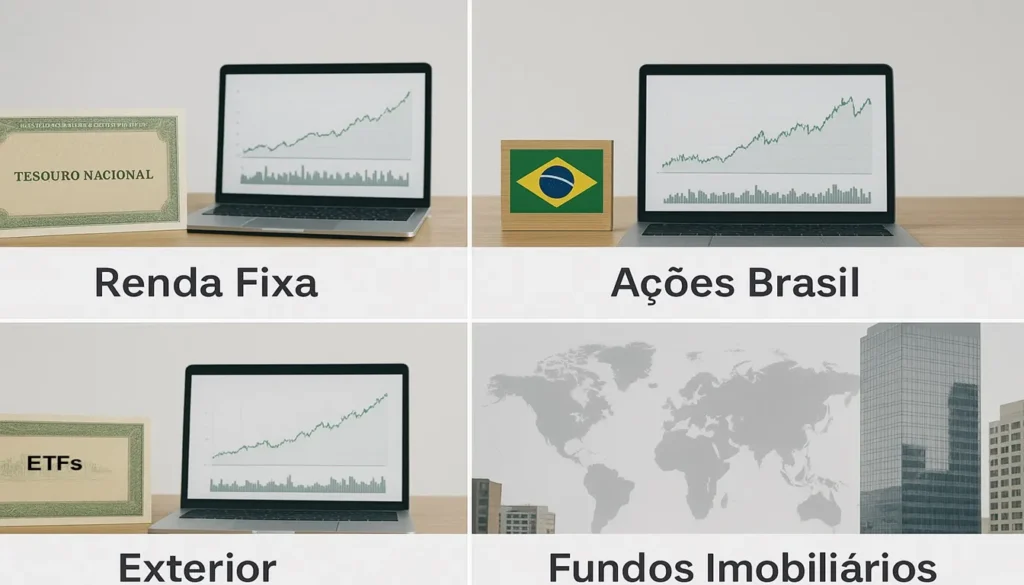Carteira de investimentos diversificada para 2026 com renda fixa, ações, exterior e fundos imobiliários