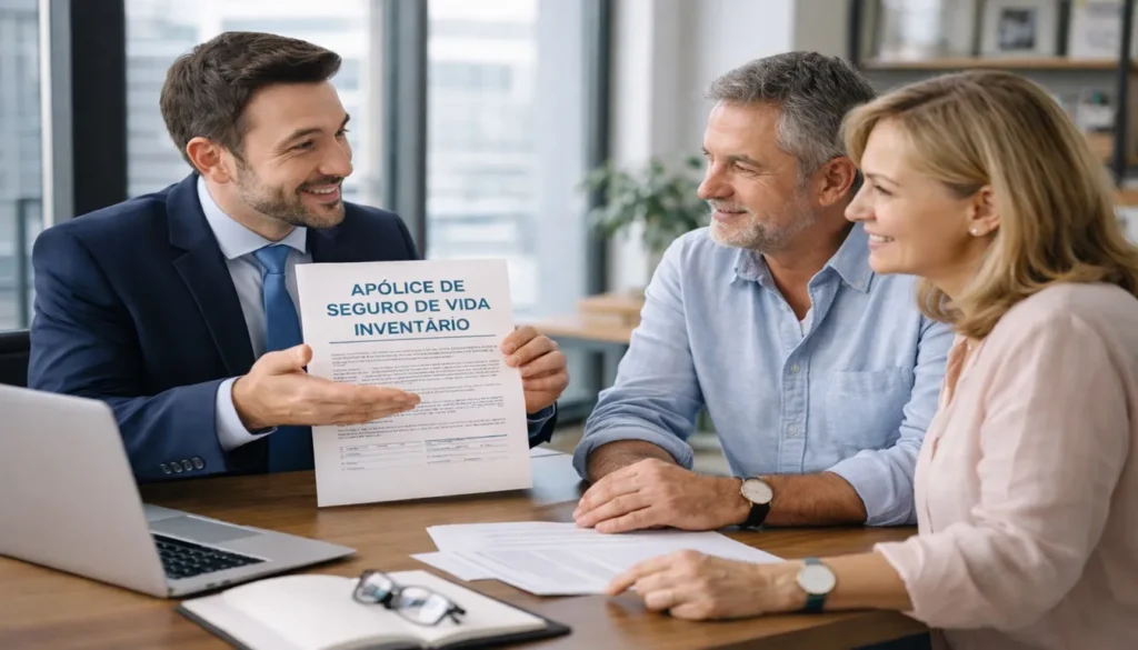 Corretor explicando seguro de vida para inventário a um casal, simbolizando proteção financeira dos herdeiros.