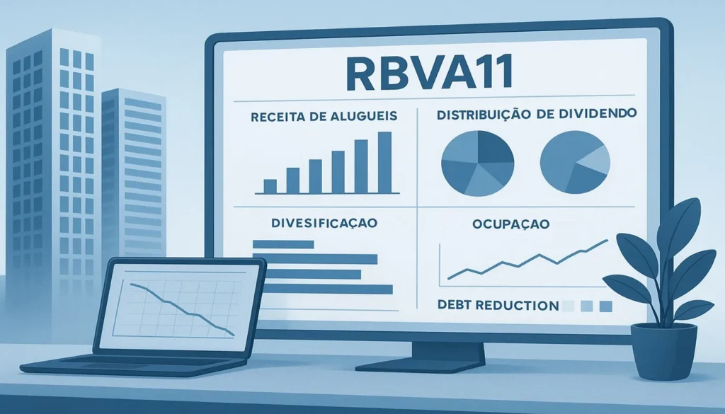 Ilustração da evolução financeira do RBVA11 com gráficos de receita, dividendos, contratos, inquilinos e imóveis.