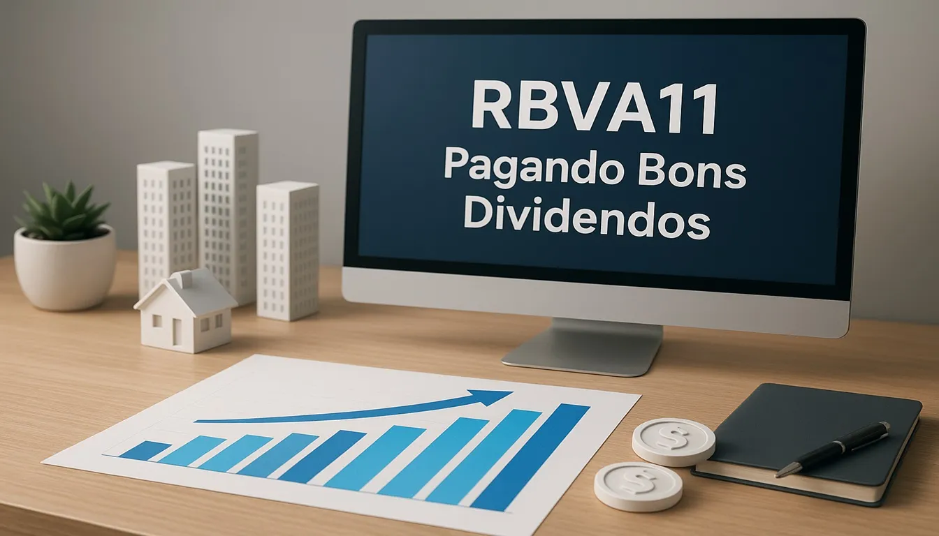 Imagem de capa com gráficos de crescimento, imóveis e símbolos de dividendos representando o RBVA11 pagando bons dividendos.