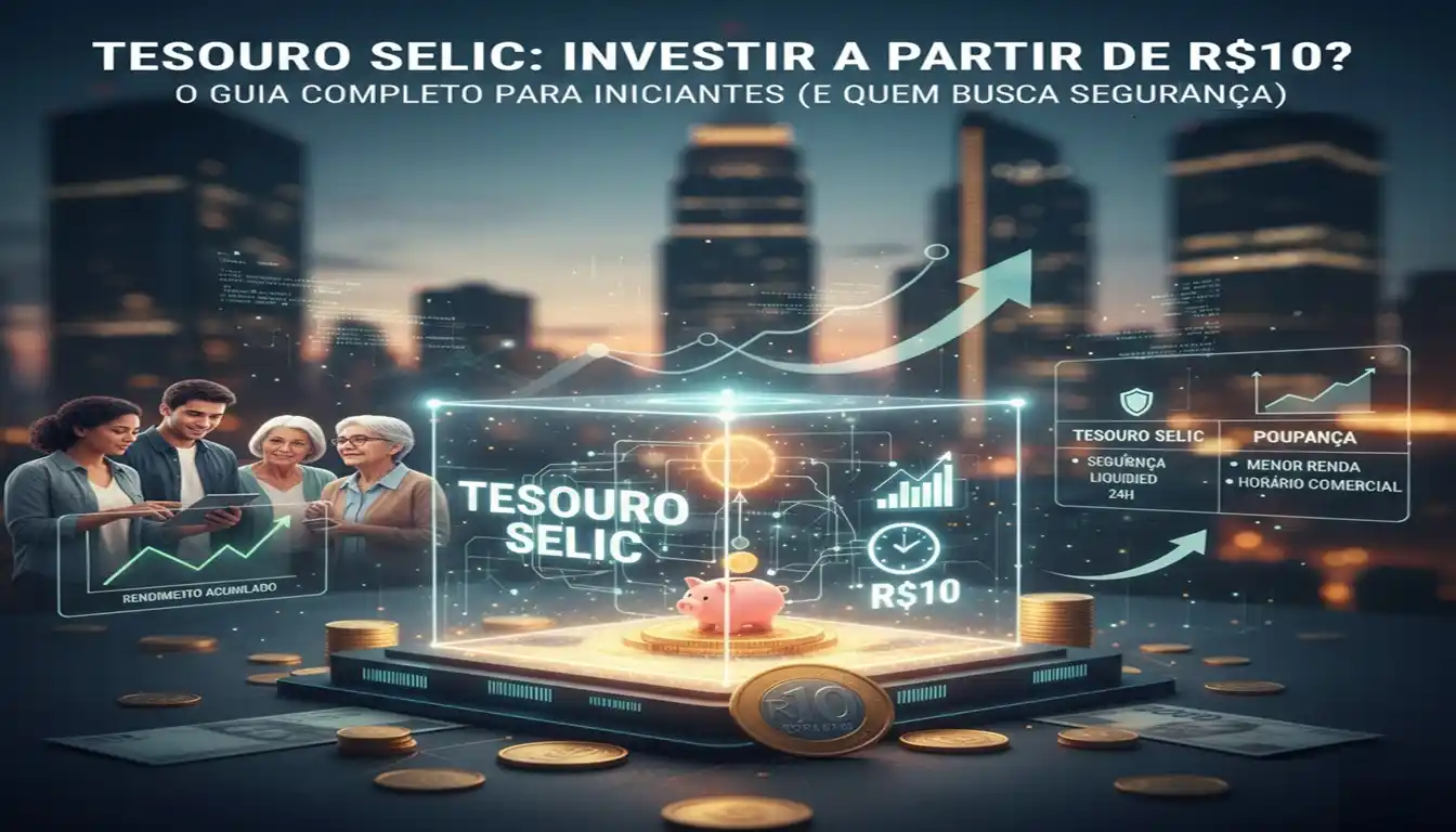 Infográfico realista sobre investimento no Tesouro Selic mostrando um porquinho de cerâmica rosa sobre moedas de Real, ícones de rendimento 24h e pessoas diversas analisando investimentos no celular, com fundo de prédios corporativos iluminados.