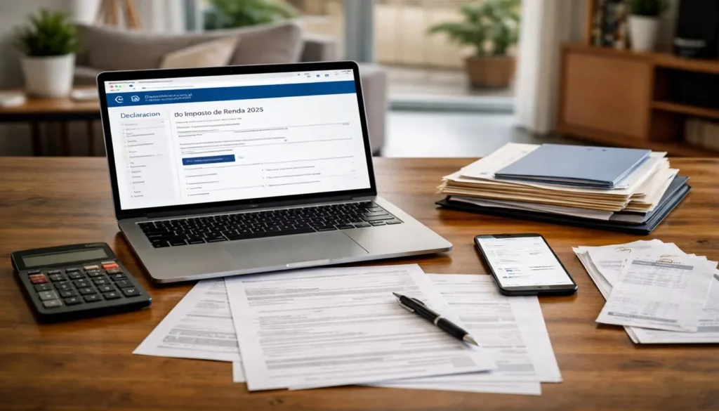 Como declarar imposto de renda pela primeira vez em 2026, com documentos organizados e declaração sendo preenchida no computador.