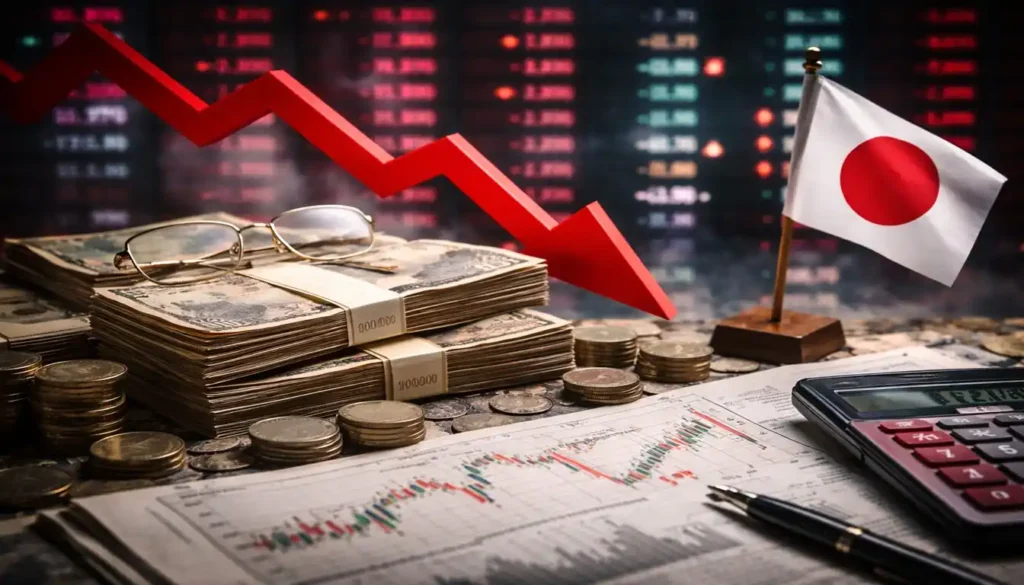 Pilhas de notas de iene presas por faixas, cercadas por moedas, gráficos financeiros em queda, uma calculadora e um pequeno mastro com a bandeira do Japão, com painéis de mercado desfocados ao fundo, representando instabilidade econômica, alta dos juros e pressão sobre a economia japonesa.