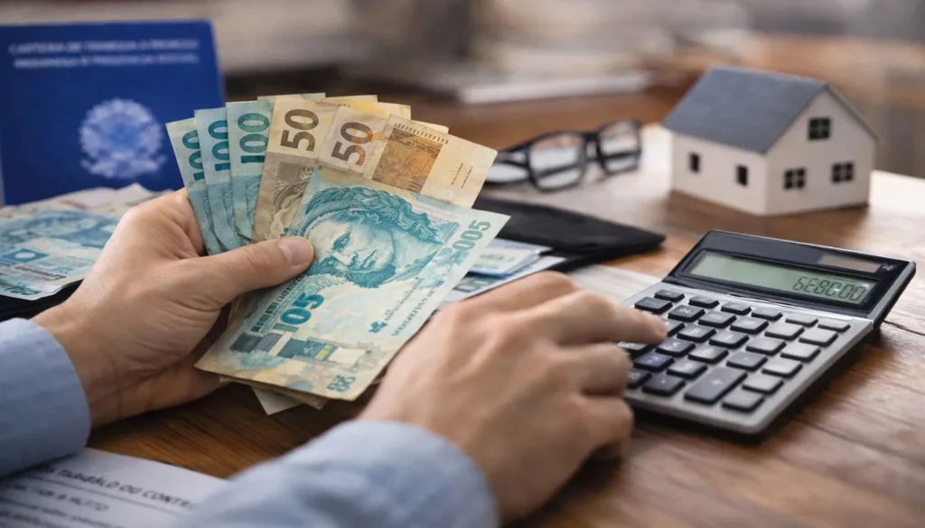 Trabalhador calculando o valor do saque-aniversário do FGTS 2026 com calculadora e notas de real sobre a mesa