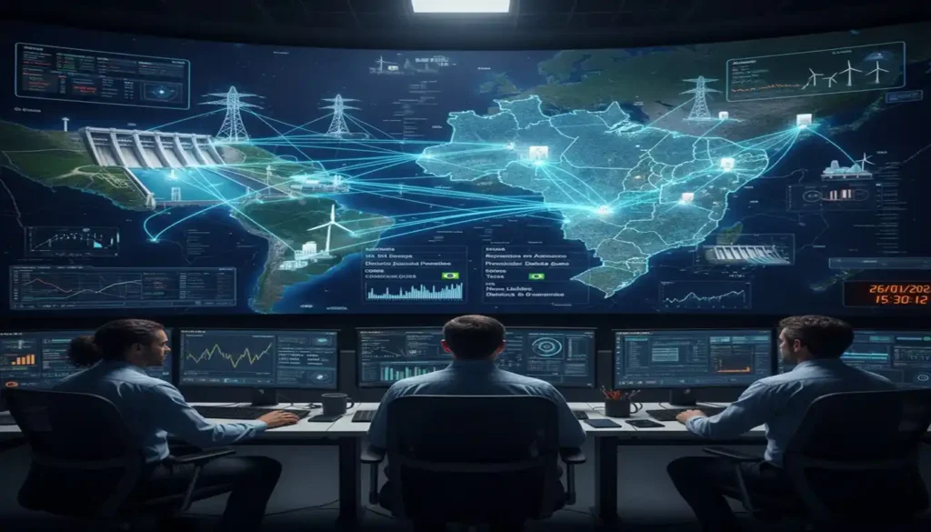 Analistas em um centro de comando monitorando o mapa de energia do Brasil e gráficos financeiros para identificar as melhores ações elétricas para investir em 2026.