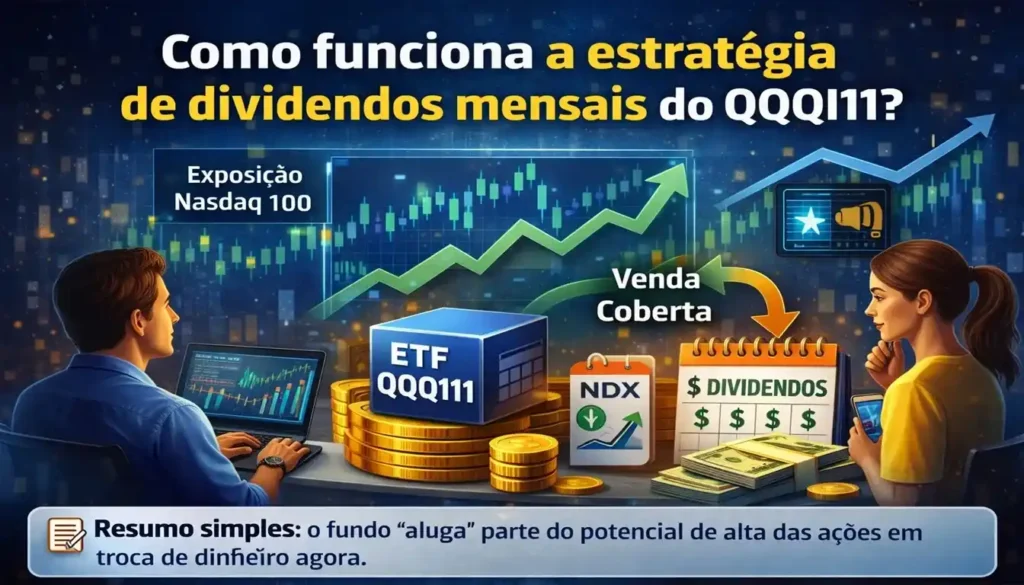 Estratégia de venda coberta (covered call) usada pelo QQQI11 para gerar renda mensal mesmo em mercados voláteis.