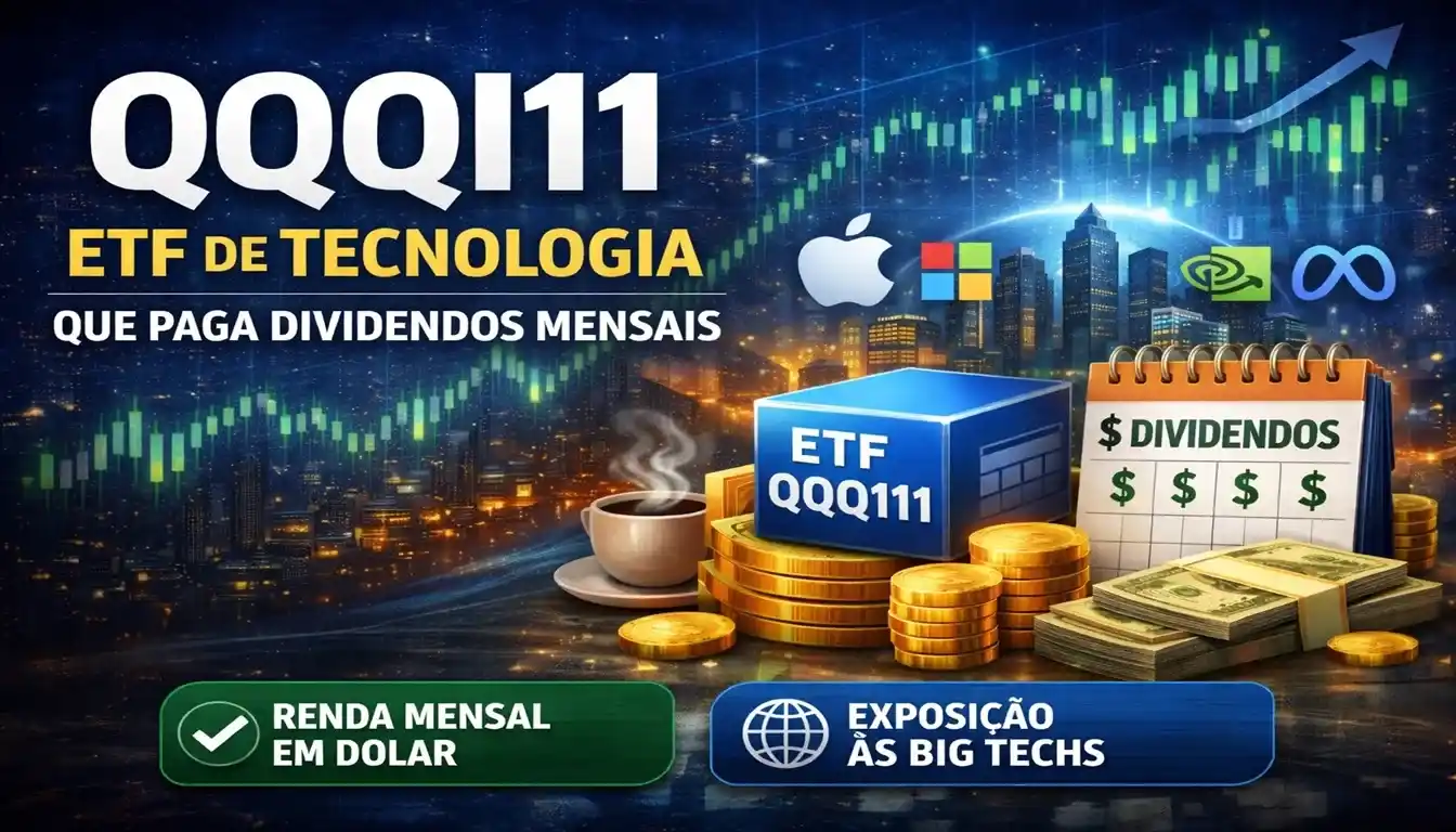 Ilustração explicativa da estratégia de covered call do ETF QQQI11, mostrando como o fundo gera dividendos mensais a partir do Nasdaq 100