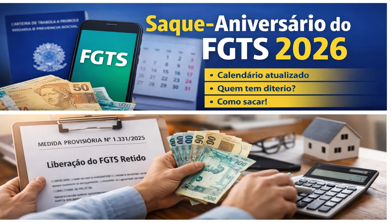 Saque-aniversário do FGTS 2026 com carteira de trabalho, aplicativo FGTS no celular e cédulas de real, destacando calendário de pagamento da Caixa Econômica Federal