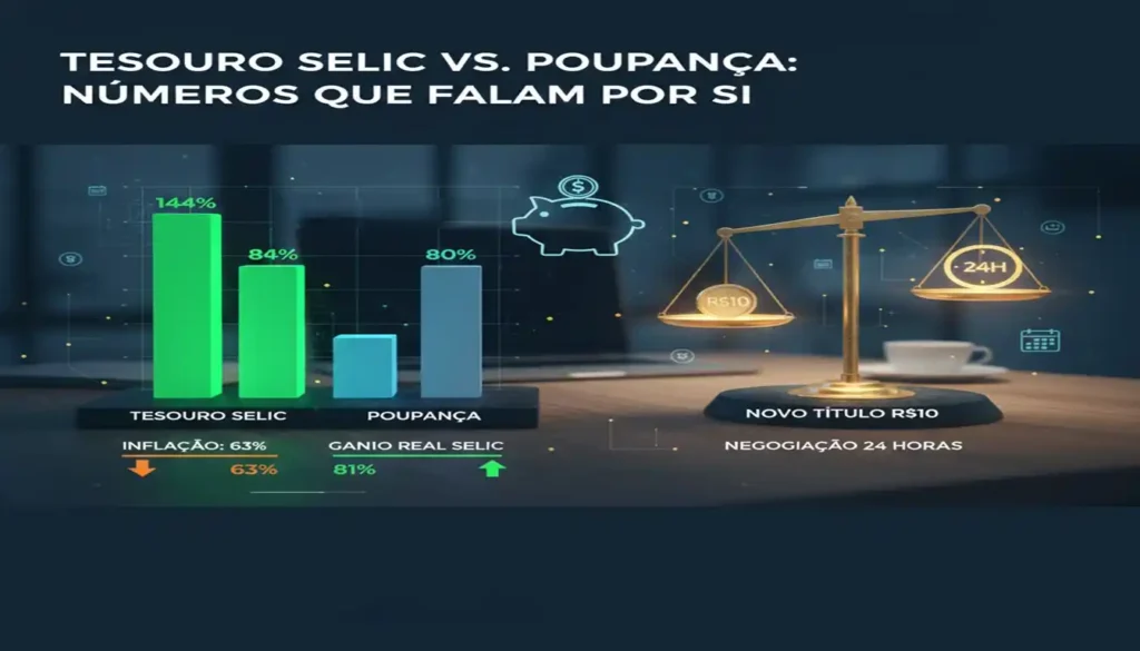 Gráfico comparativo de rendimentos entre Tesouro Selic e Poupança sobre uma mesa de escritório. À esquerda, barras verdes mostram o rendimento superior da Selic e, à direita, uma balança dourada equilibra uma moeda de 10 Reais e um relógio simbolizando a liquidez 24 horas.