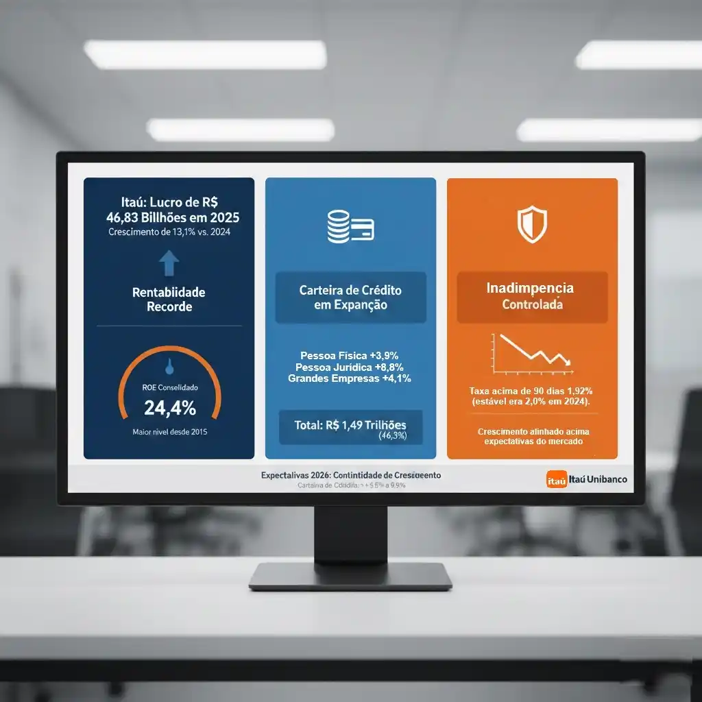 Lucro do Itaú em 2025 atinge R$ 46,8 bilhões, com crescimento de 13,1%, reforçando rentabilidade, liderança no setor bancário e projeções positivas para 2026.