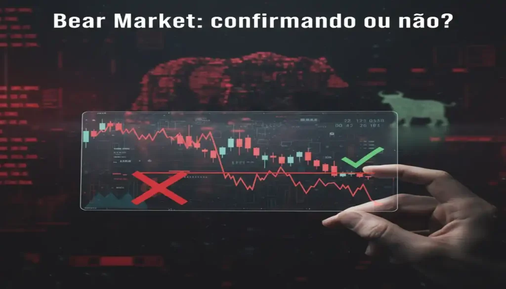 Uma mão segurando uma tela de vidro translúcida que exibe um gráfico de candlestick com forte tendência de baixa. No fundo escuro, a silhueta de um urso (bear market) e um touro (bull market) em luz vermelha, com elementos gráficos de um "X" vermelho e um "check" verde analisando a reversão de tendência.