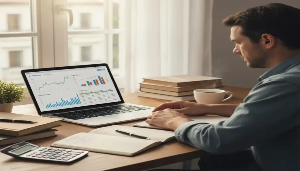 Uma mesa de trabalho organizada com um notebook exibindo gráficos financeiros detalhados. A cena é banhada por uma luz natural suave de manhã, acompanhada de um café e um caderno, representando o processo de estudo e análise de investimentos.