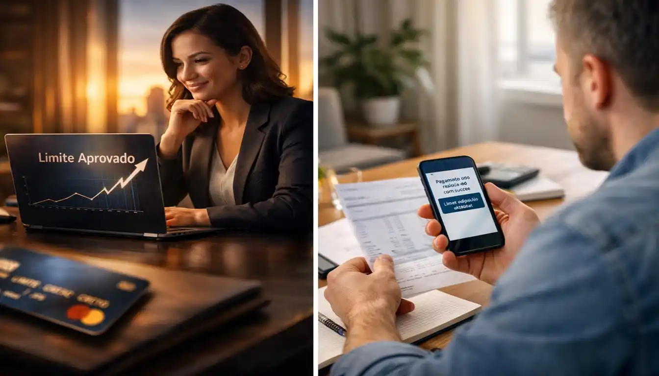 Pessoa analisando gráfico de crescimento financeiro no notebook com mensagem “Limite Aprovado” na tela e cartão de crédito sobre a mesa. A imagem representa estratégia, organização financeira e aumento de limite do cartão de crédito.