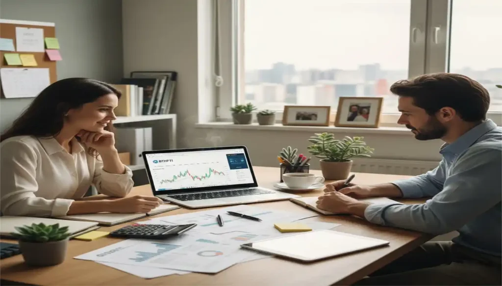 Dois profissionais, um homem e uma mulher, sentam-se à mesa de um escritório bem iluminado, revisando dados financeiros em um laptop que exibe gráficos de ações do BTHF11. Papéis, uma calculadora e xícaras de café estão sobre a mesa, e um quadro de avisos com anotações pode ser visto ao fundo.