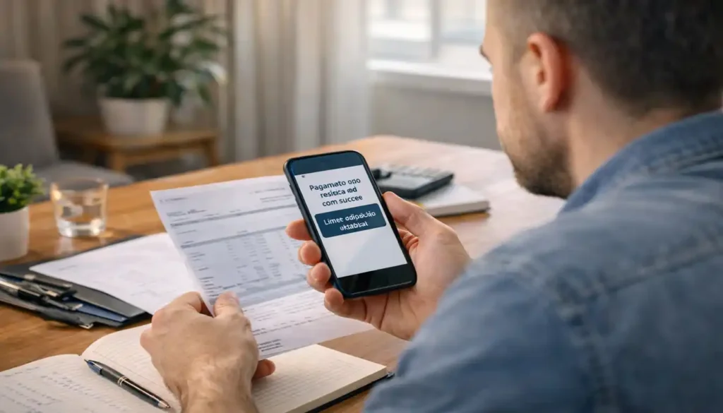 Pessoa conferindo fatura do cartão enquanto visualiza no celular a confirmação de pagamento realizado com sucesso e limite atualizado. A cena demonstra controle financeiro, pagamento em dia e estratégia para aumentar o limite do cartão de crédito.