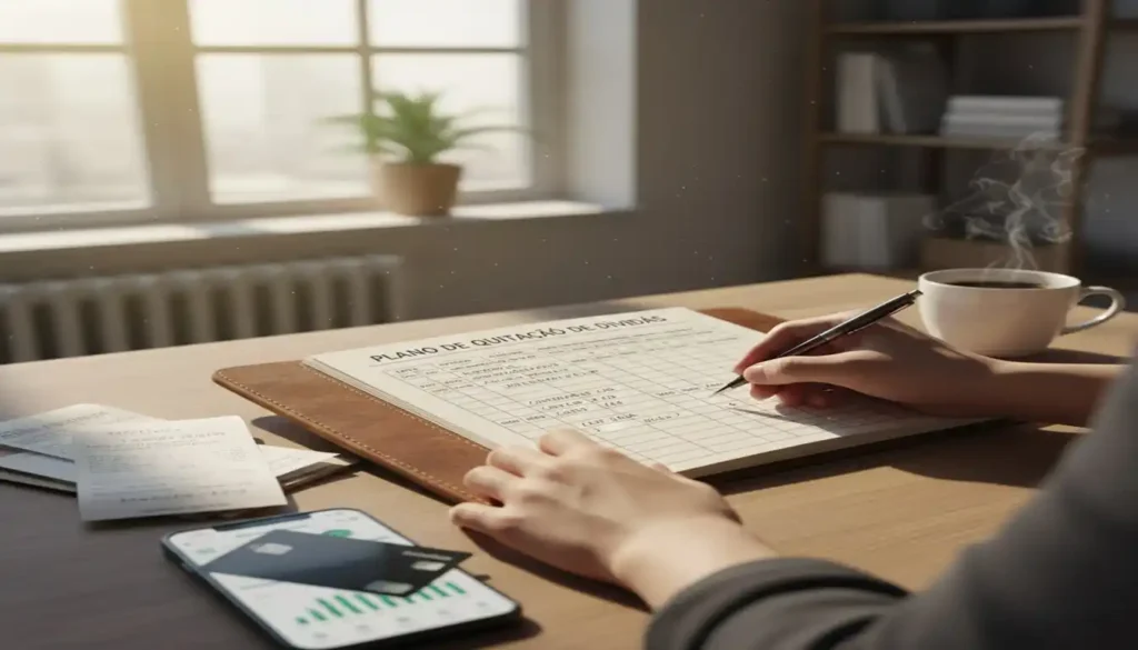 Close-up realista de mãos organizando um planejamento financeiro em um caderno sobre uma mesa de madeira iluminada pelo sol, transmitindo organização e foco na quitacão de dívidas.
