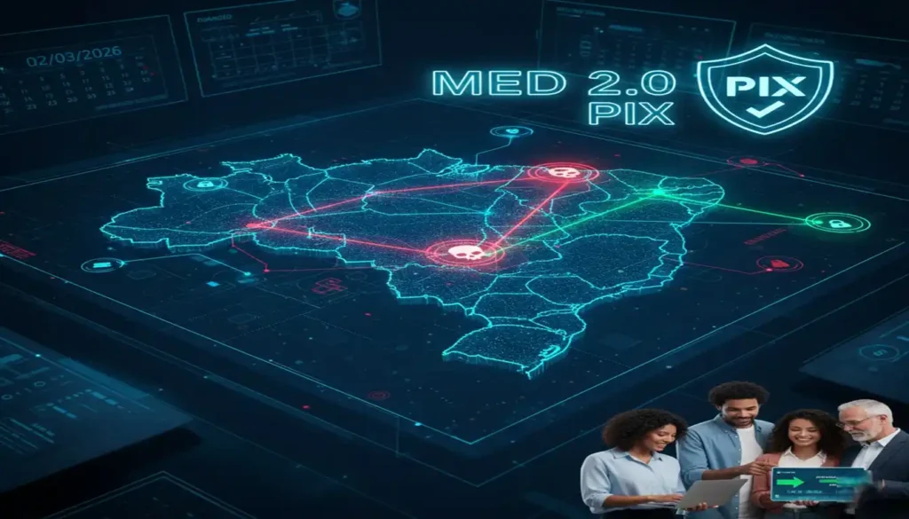 Um mapa do Brasil em estilo holográfico mostrando conexões de dados e linhas de rastreamento de dinheiro entre contas, ilustrando como o Banco Central identifica o caminho de fraudes no PIX em 2026.