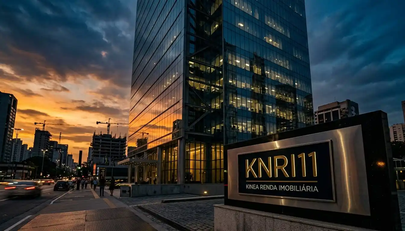 Arranha-céu corporativo moderno ao entardecer com placa identificando o fundo imobiliário KNRI11, simbolizando solidez e crescimento no mercado imobiliário brasileiro.