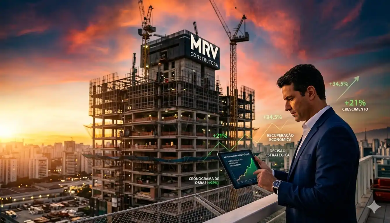Arranha-céu em construção ao pôr do sol com executivo analisando dados em tablet, simbolizando recuperação do setor imobiliário e crescimento das ações da MRV.