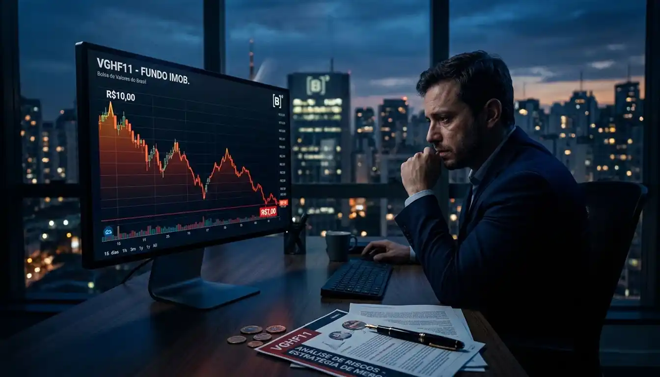 Mesa de trading moderna ao crepúsculo exibindo gráfico de queda do VGHF11 de R$10,00 para R$7,00, com documentos de análise de riscos e moedas simbolizando a redução dos dividendos e a transformação estratégica do fundo imobiliário.