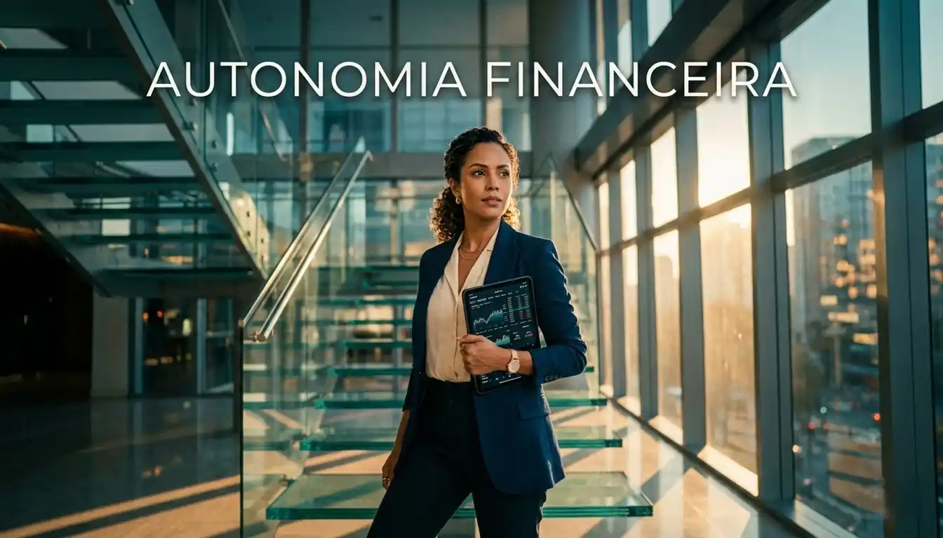Mulher de negócios confiante no topo de escada corporativa moderna, segurando tablet com gráficos financeiros, iluminada por luz dourada do entardecer. Simboliza conquista da autonomia financeira e ascensão profissional.