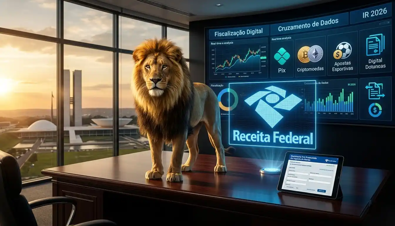 Leão majestoso dourado, símbolo do Imposto de Renda no Brasil, posicionado ao lado do logotipo holográfico da Receita Federal, em escritório moderno com telas exibindo análise de dados financeiros de Pix, criptomoedas e apostas, representando o poder de vigilância tecnológica do Fisco no IR 2026.
