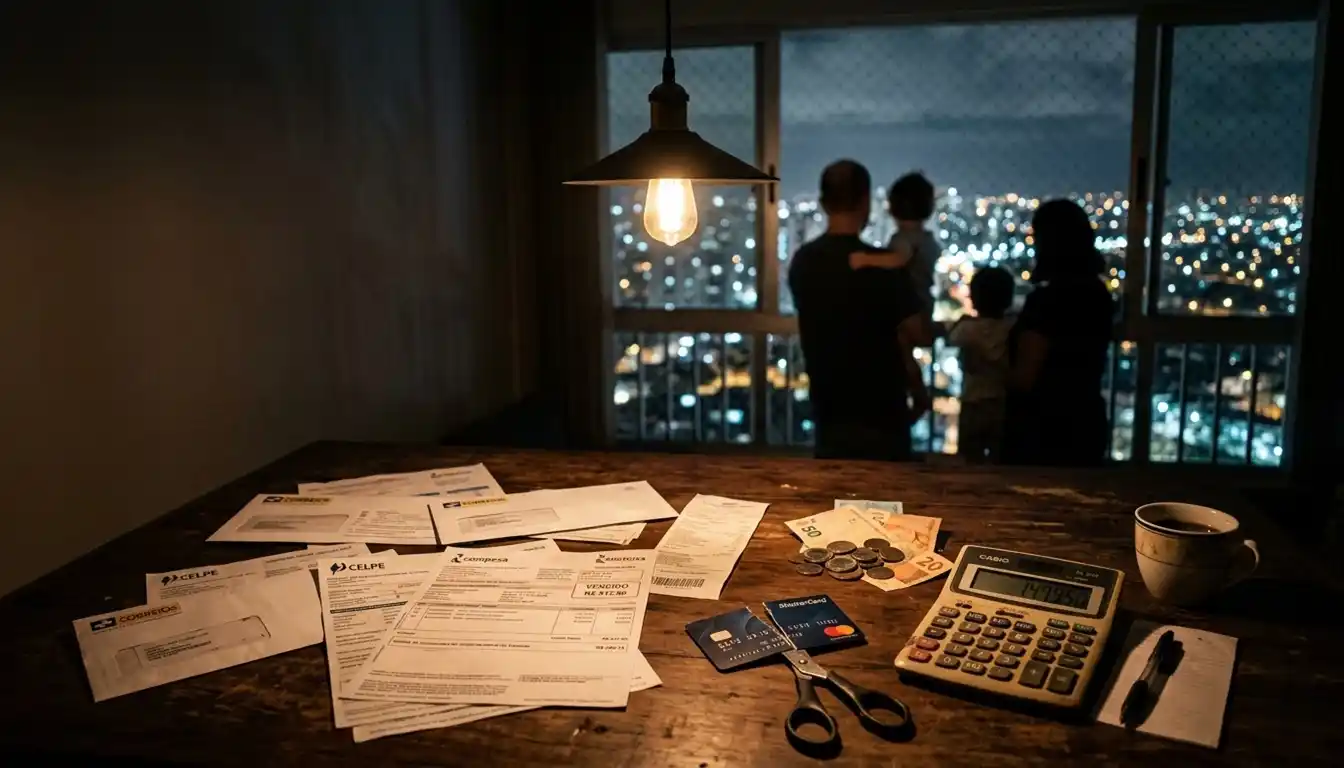 Mesa doméstica à noite com contas, cartão de crédito cortado e calculadora iluminados por luz quente, simbolizando a tensão do endividamento familiar e a esperança de renegociação. Ao fundo, silhueta de família observa cidade iluminada representando futuro financeiro renovado.