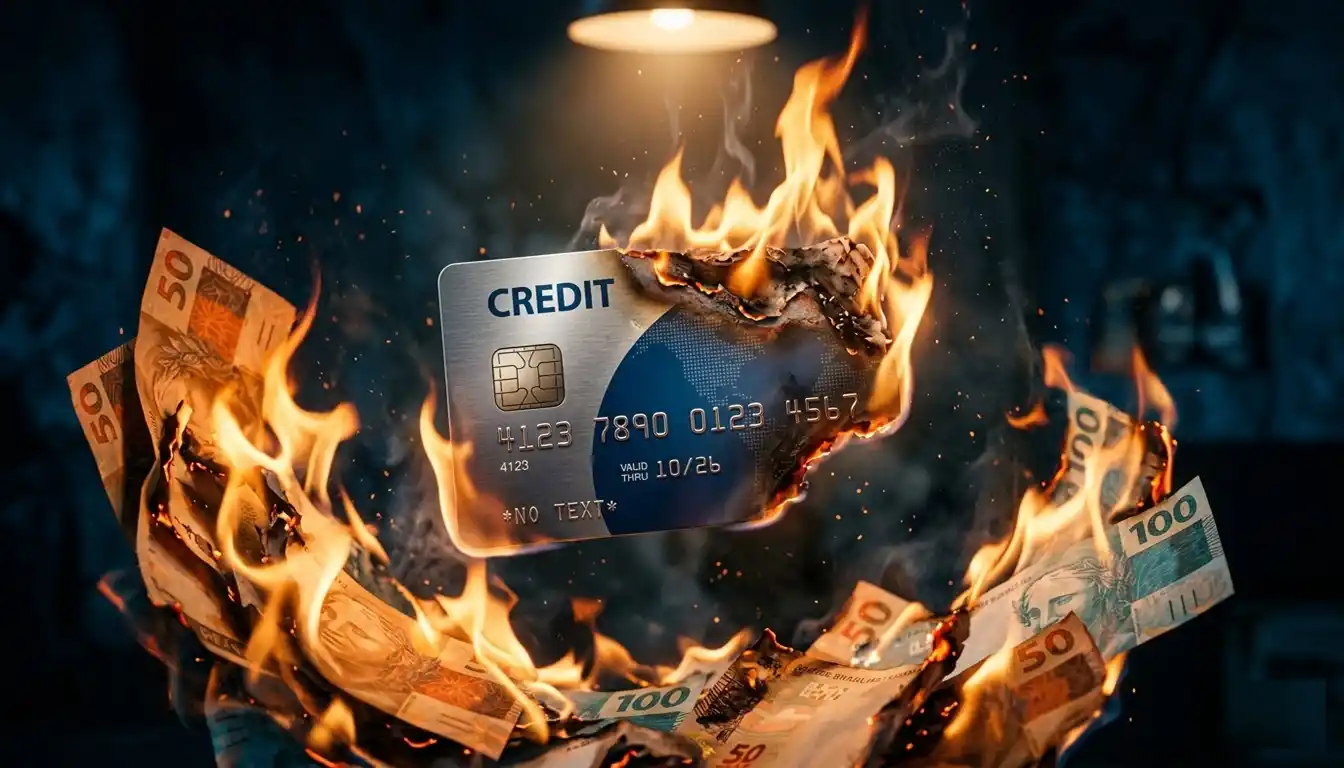 Cartão de crédito sendo consumido por chamas feitas de notas de real, simbolizando como os juros do rotativo queimam o dinheiro do consumidor em uma armadilha financeira perigosa.
