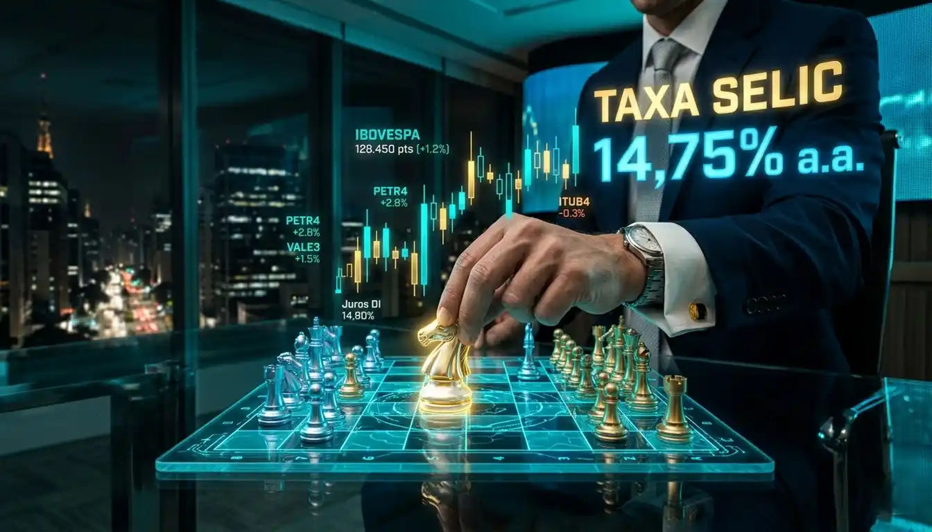 Mão de executivo movendo peça de xadrez sobre tabuleiro digital iluminado, com gráficos financeiros flutuando ao redor. Representa estratégia de investimentos e decisões inteligentes no cenário de juros altos no Brasil.