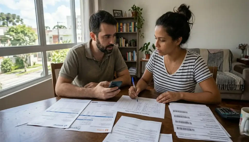 Casal brasileiro organizando documentos financeiros em casa durante o dia, com luz natural suave. Mulher aponta números em planilha de orçamento enquanto homem consulta app bancário no celular, representando ação prática na renegociação de dívidas e planejamento familiar.