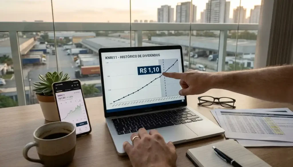 Investidor analisando dividendos do fundo imobiliário KNRI11 em notebook, com gráficos mostrando rendimento de R$ 1,10 por cota e documentos organizados em mesa de home office.