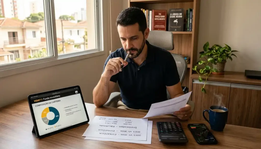 Investidor brasileiro analisando documentos do VGHF11 em home office, comparando alocações entre CRIs e FIIs em tablet, com anotações sobre dividendos de R$0,07 e mudanças estratégicas entre 2023 e 2026.