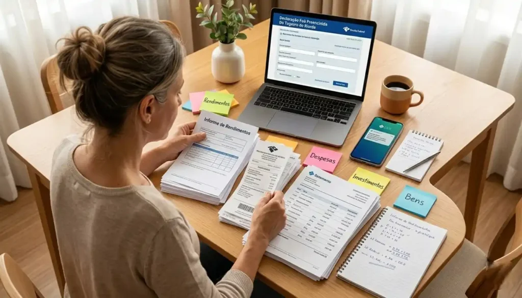 Contribuinte organizando documentos fiscais em casa, separando informes de rendimentos, comprovantes de despesas e extratos bancários com anotações em português, representando a preparação organizada para a declaração do Imposto de Renda 2026.
