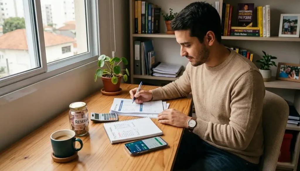 Pessoa organiza finanças pessoais em home office, analisando orçamento em caderno com calculadora e celular ao lado, jarro de reserva de emergência visível, representando controle financeiro mensal e planejamento prático.