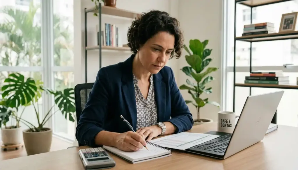 Mulher profissional organizando documentos financeiros em mesa de escritório iluminada naturalmente, demonstrando planejamento prático e gestão do orçamento pessoal no dia a dia.