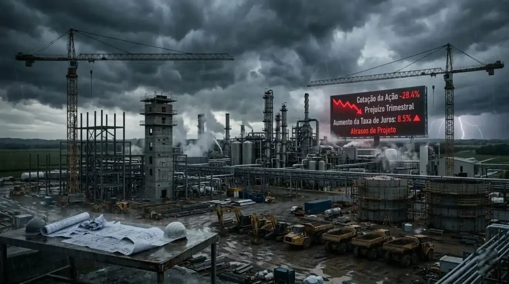 complexo industrial de etanol de cana-de-açúcar sob um céu tempestuoso e dramático.