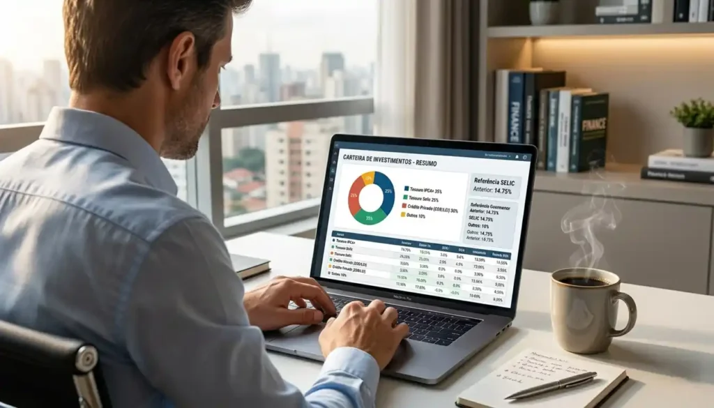 Profissional analisando gráficos de investimentos em laptop em escritório com luz natural, representando o planejamento financeiro diário do investidor brasileiro.