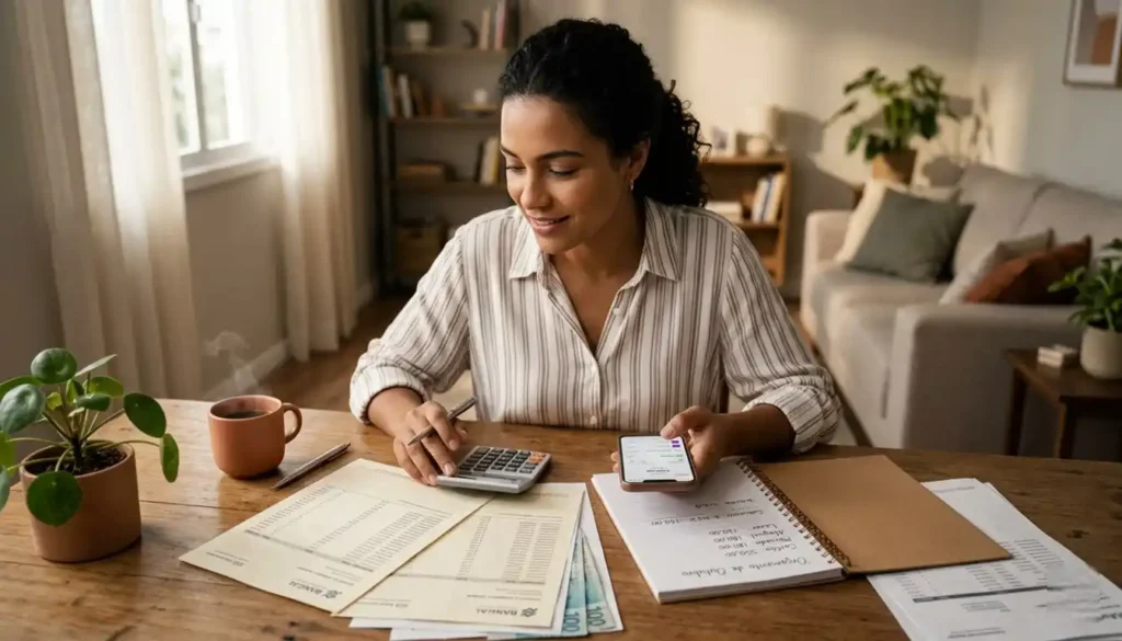 Pessoa organizando finanças em casa, revisando faturas de cartão de crédito e anotando gastos em caderno, representando o controle prático do orçamento familiar para evitar o endividamento.