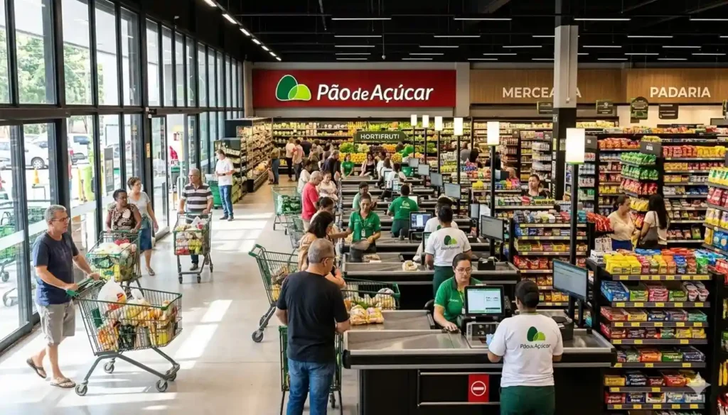 nterior de supermercado do Grupo Pão de Açúcar em plena operação, com clientes, prateleiras abastecidas e logo da marca visível, representando a continuidade das atividades comerciais.