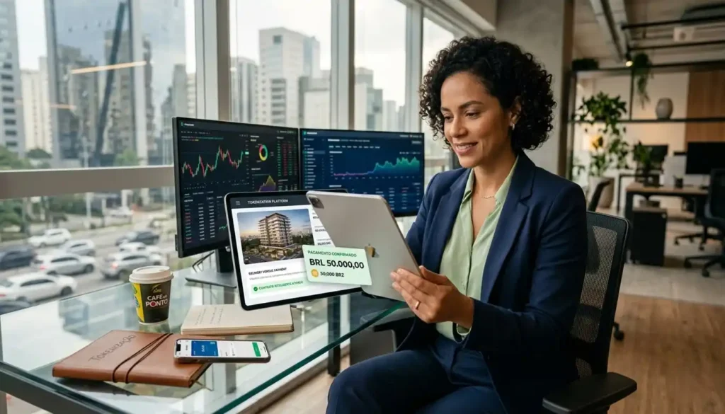  Investidor profissional analisando a alocação de sua carteira de investimentos em um ambiente de trabalho organizado, com múltiplas telas exibindo gráficos e dados financeiros. A cena transmite a prática real do rebalanceamento: avaliação cuidadosa, tomada de decisão racional e organização patrimonial.