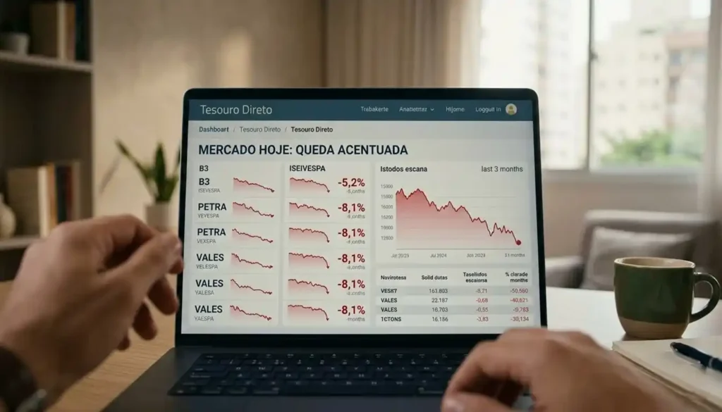 Investidor brasileiro em home office analisando queda do Tesouro Direto no notebook, expressão de preocupação mas controle em ambiente doméstico moderno. Representa o momento real de quem acompanha investimentos em renda fixa.