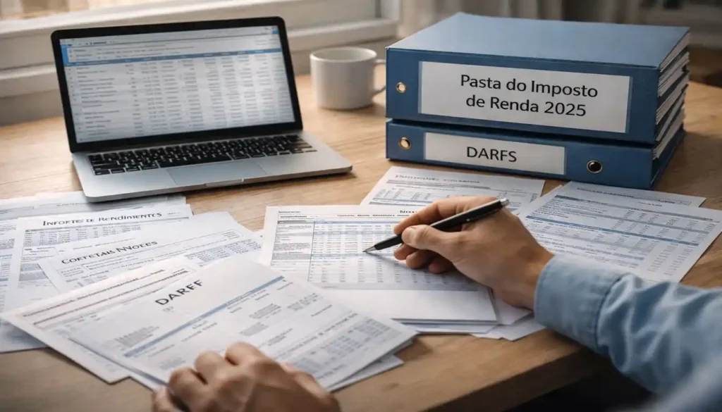 Pessoa organizando informes, notas de corretagem e DARFs em uma mesa iluminada por luz natural. A pasta identificada como “Pasta do Imposto de Renda 2025” reforça a preparação antecipada para a declaração.