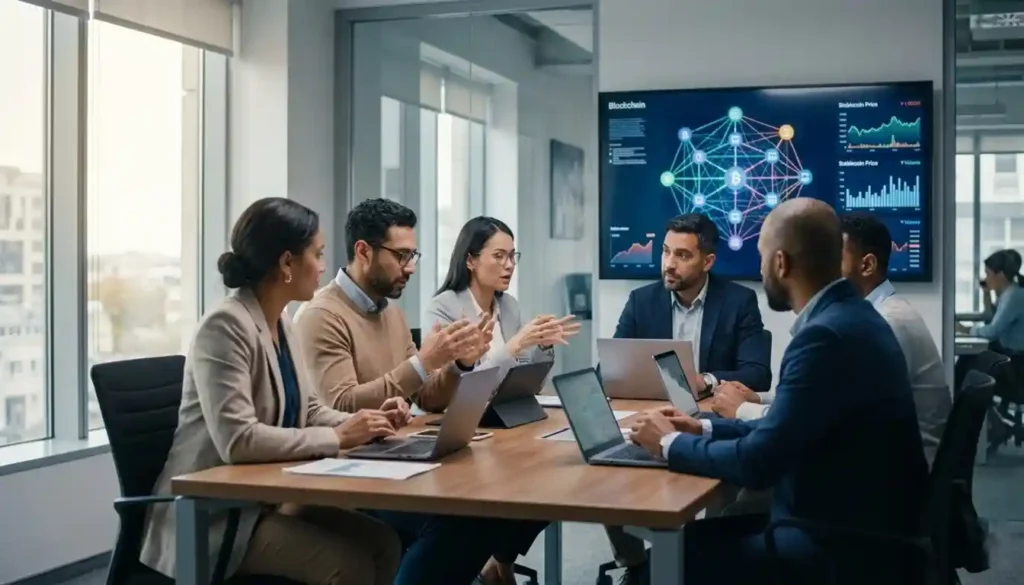 Executivos em reunião corporativa moderna analisando integração de pagamentos digitais blockchain, representando adoção institucional de criptomoedas no ambiente de negócios real.