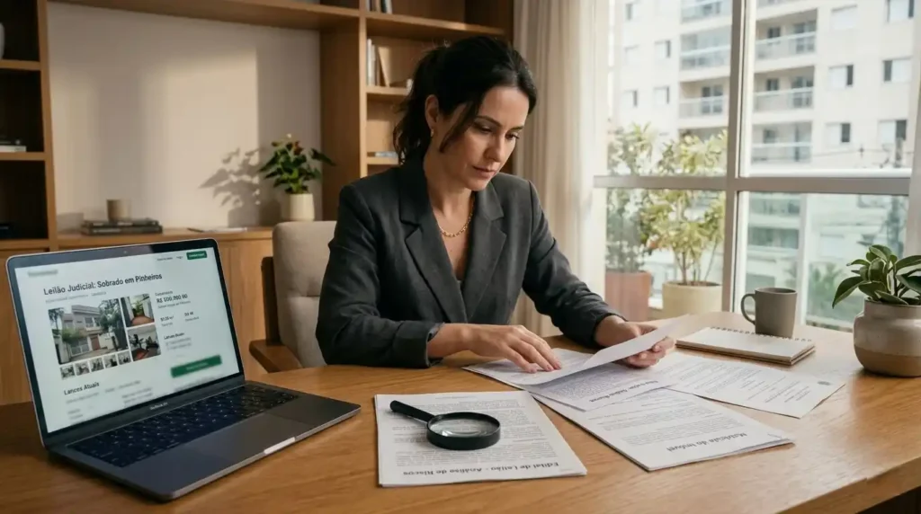 Profissional analisando cuidadosamente documentos de edital de leilão em escritório moderno, com laptop exibindo imóvel à venda. Representa a importância da pesquisa e análise detalhada antes de participar de leilões.