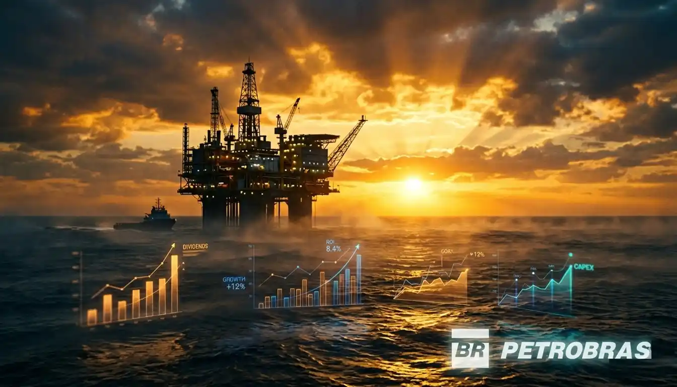 Plataforma de petróleo offshore ao pôr do sol dourado, com gráficos financeiros holográficos flutuando simbolizando dividendos e crescimento da Petrobras. Fotografia cinematográfica dramática representando poder econômico e energético.