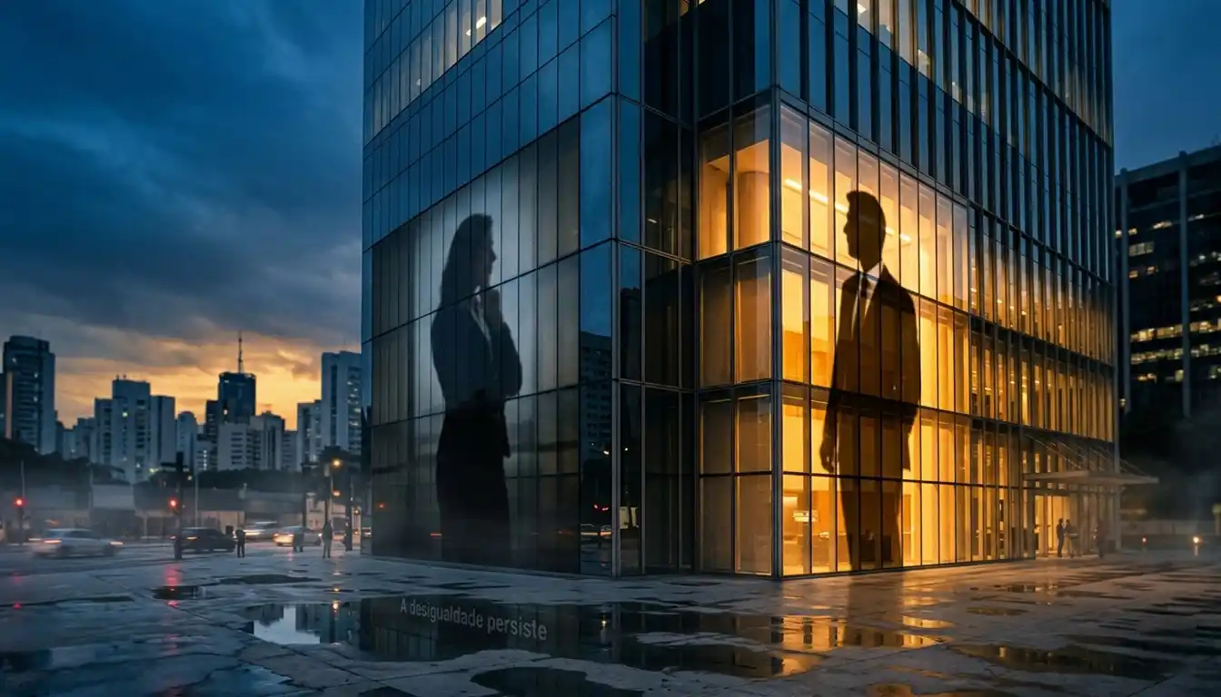 Imagem simbólica de um prédio corporativo moderno ao entardecer, com reflexos de silhuetas feminina e masculina em lados opostos do vidro, representando visualmente a diferença salarial entre homens e mulheres no mercado de trabalho brasileiro.