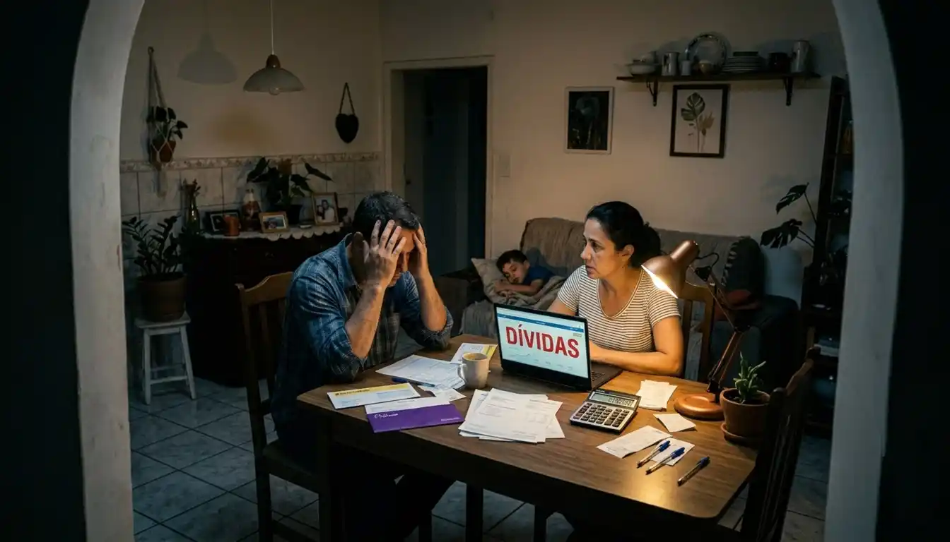 Família brasileira em sua sala de jantar à noite, cercada por contas e extratos bancários, com expressões de preocupação diante da pressão financeira. A iluminação dramática simboliza o peso do endividamento sobre lares brasileiros em 2026.