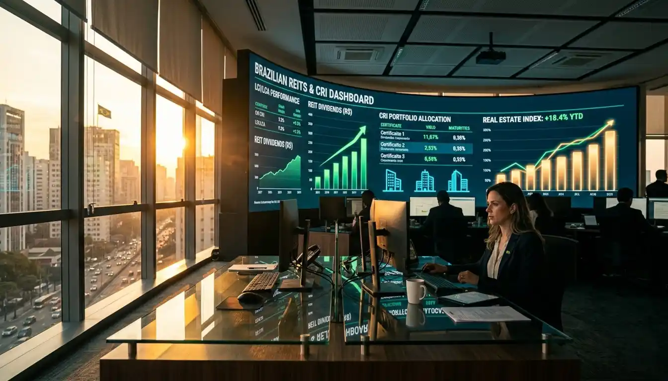 Sala de controle financeiro moderna com telas exibindo gráficos de investimentos imobiliários e dividendos crescentes, iluminada por luz dourada dramática. Representa inteligência estratégica e crescimento patrimonial no mercado de fundos imobiliários de papel.
